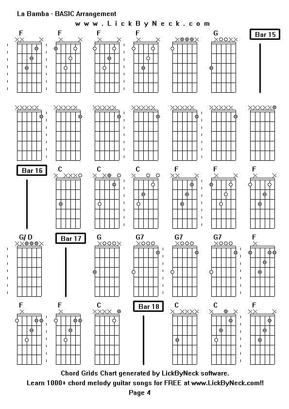 Chord Grids Chart of chord melody fingerstyle guitar song-La Bamba - BASIC Arrangement,generated by LickByNeck software.